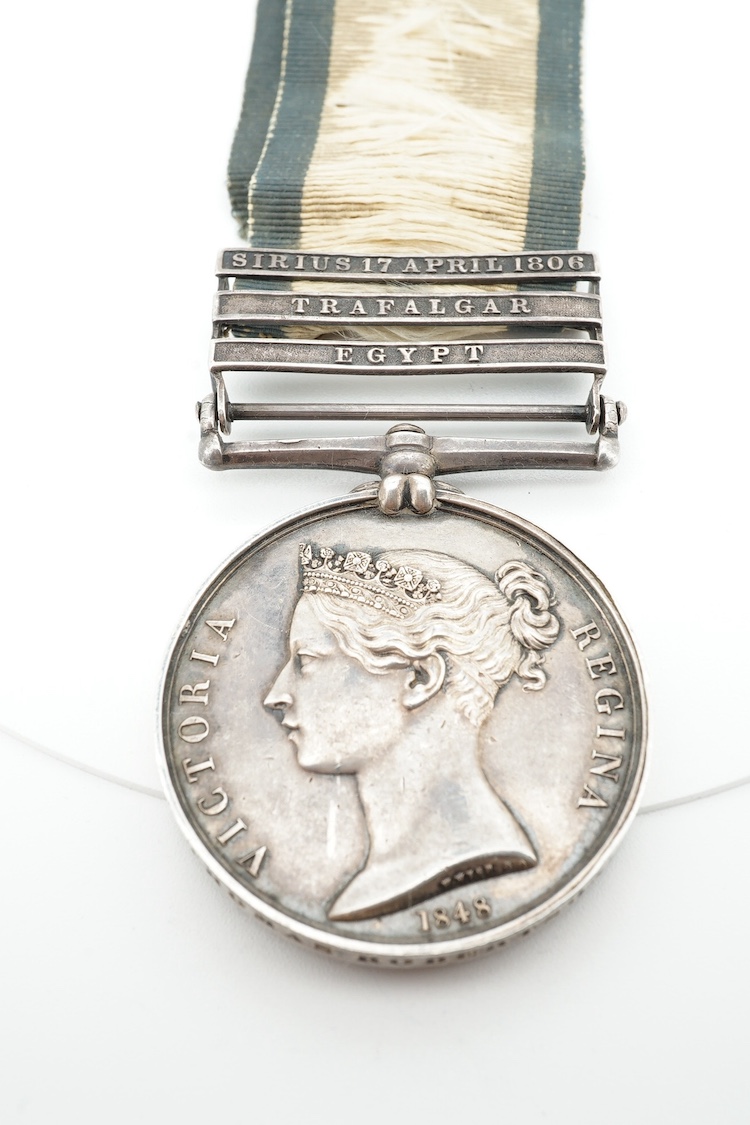 Battle of Trafalgar interest; Four medals awarded to members of the Robertson family. A Victorian naval General Service Medal to Thomas Robertson, Surgeon, with three bars for;, Sirius 17 April 1806, Trafalgar and Egypt,